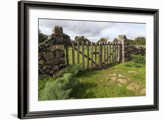 Old Stone Wall and Wooden Fence Keep in Sheep Living at Parco Archeologico Di Iloi, Italy, Oristano-Alida Latham-Framed Photographic Print