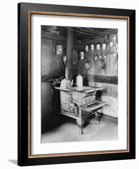 Old Stove inside Log Cabin Kitchen-null-Framed Photographic Print