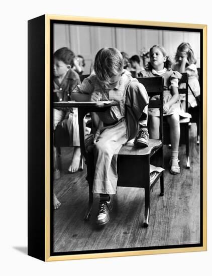 Old Style School Desk with Side Arm Table-J^ R^ Eyerman-Framed Premier Image Canvas