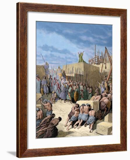 Old Testament. Return from the Babylonian Exile. Reconstruction of the Temple. Engraving. Colored.-Tarker-Framed Photographic Print