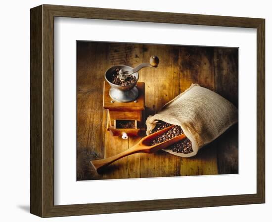 Old Time Coffee Mill With Whole Beans-George Oze-Framed Photographic Print