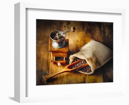 Old Time Coffee Mill With Whole Beans-George Oze-Framed Photographic Print