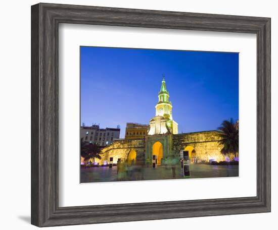 Old Town City Wall and Puerto Del Reloj at Night, UNESCO World Heritage Site, Cartagena, Colombia-Christian Kober-Framed Photographic Print