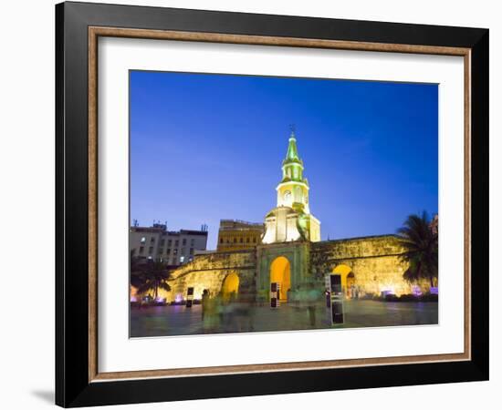 Old Town City Wall and Puerto Del Reloj at Night, UNESCO World Heritage Site, Cartagena, Colombia-Christian Kober-Framed Photographic Print