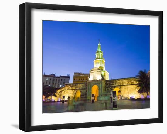 Old Town City Wall and Puerto Del Reloj at Night, UNESCO World Heritage Site, Cartagena, Colombia-Christian Kober-Framed Photographic Print