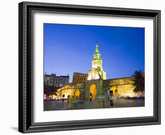 Old Town City Wall and Puerto Del Reloj at Night, UNESCO World Heritage Site, Cartagena, Colombia-Christian Kober-Framed Photographic Print