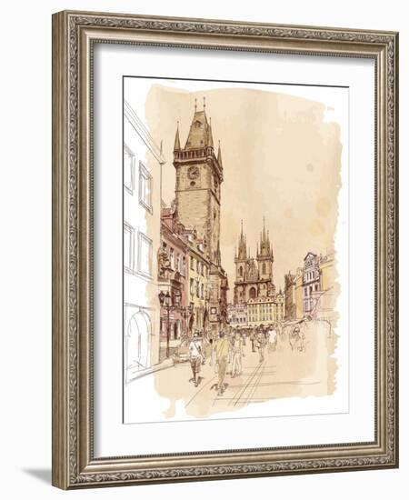 Old Town Square, Prague, Czech Republic - a Vector Sketch--Vladimir--Framed Art Print