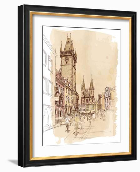 Old Town Square, Prague, Czech Republic - a Vector Sketch--Vladimir--Framed Art Print