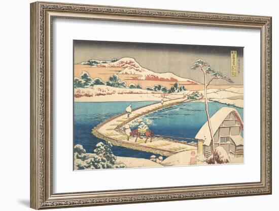 Old View of the Boat-bridge at Sano in Kozuke Province-Katsushika Hokusai-Framed Premium Giclee Print