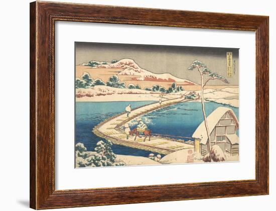 Old View of the Boat-bridge at Sano in Kozuke Province-Katsushika Hokusai-Framed Premium Giclee Print