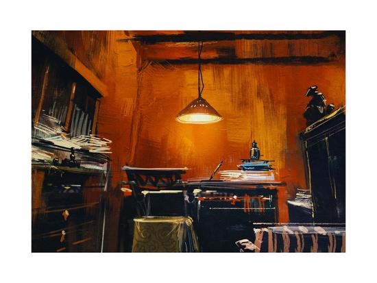 Old Vintage Workspace In Orange Room Digital Painting Illustration Art Print By Tithi Luadthong Art Com