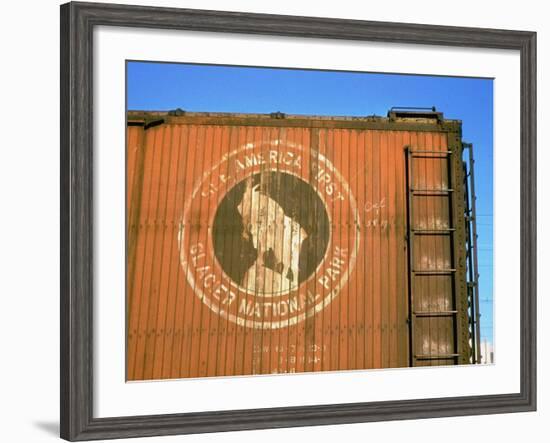 Old Weathered Box Car Showing Design Promoting Travel to Glacier National Park-Walker Evans-Framed Photographic Print