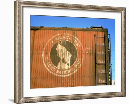 Old Weathered Box Car Showing Design Promoting Travel to Glacier National Park-Walker Evans-Framed Photographic Print