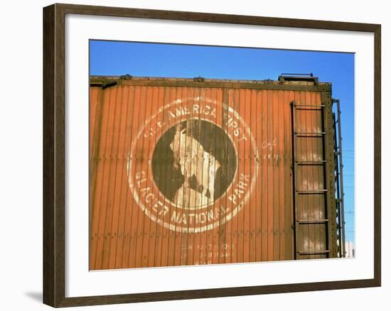 Old Weathered Box Car Showing Design Promoting Travel to Glacier National Park-Walker Evans-Framed Photographic Print