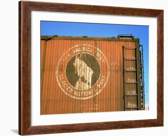 Old Weathered Box Car Showing Design Promoting Travel to Glacier National Park-Walker Evans-Framed Photographic Print