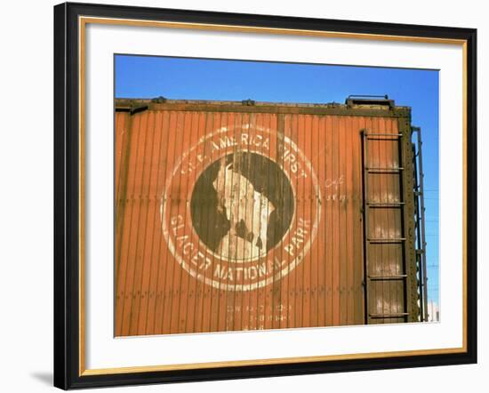 Old Weathered Box Car Showing Design Promoting Travel to Glacier National Park-Walker Evans-Framed Photographic Print