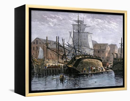 Old Whaling Ship Hove Down for Repairs, New Bedford, Massachusetts, c.1800-null-Framed Premier Image Canvas