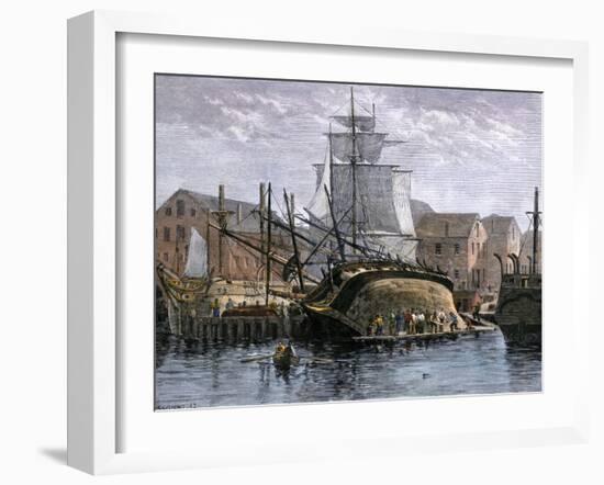 Old Whaling Ship Hove Down for Repairs, New Bedford, Massachusetts, c.1800-null-Framed Giclee Print
