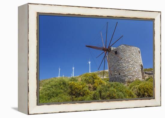 Old Windmill and Modern Wind Turbines. Naxos Island, Greece-Ali Kabas-Framed Premier Image Canvas