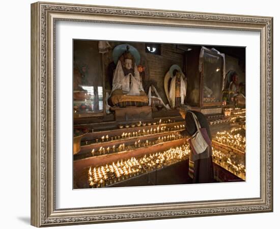 Old Woman Lighting Butter Lamps in Front of Buddha Statues Draped with New Silk Scarves-Don Smith-Framed Photographic Print