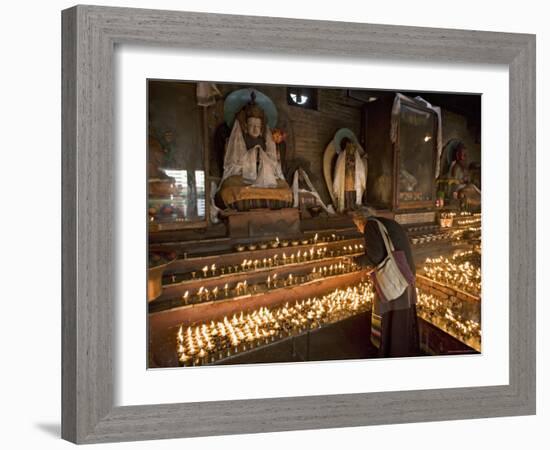 Old Woman Lighting Butter Lamps in Front of Buddha Statues Draped with New Silk Scarves-Don Smith-Framed Photographic Print