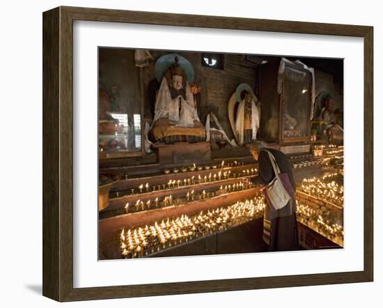 Old Woman Lighting Butter Lamps in Front of Buddha Statues Draped with New Silk Scarves-Don Smith-Framed Photographic Print