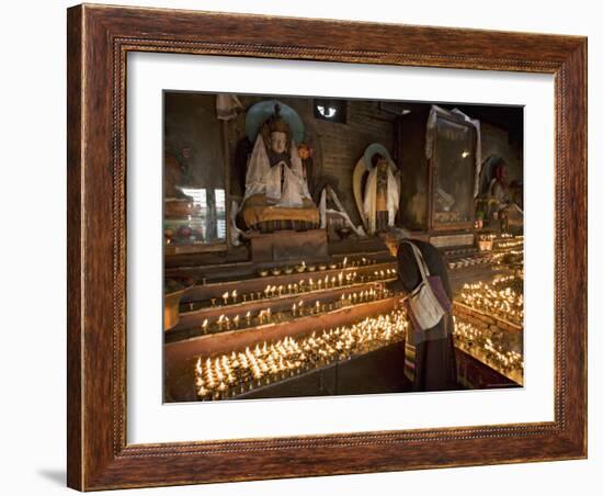 Old Woman Lighting Butter Lamps in Front of Buddha Statues Draped with New Silk Scarves-Don Smith-Framed Photographic Print