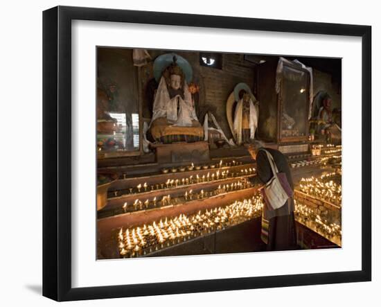 Old Woman Lighting Butter Lamps in Front of Buddha Statues Draped with New Silk Scarves-Don Smith-Framed Photographic Print