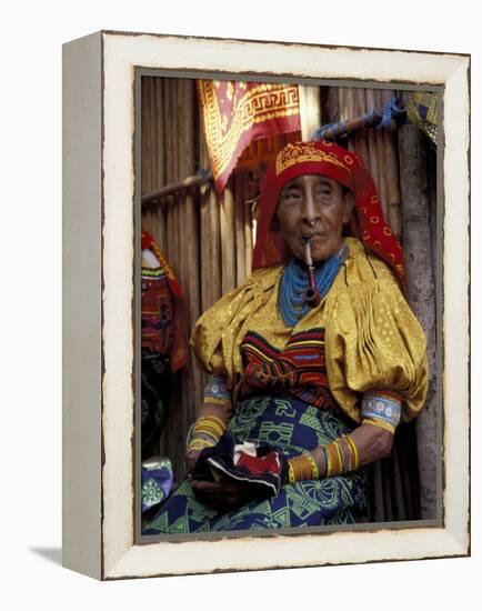 Old Woman with Pipe in Hand-Stitched Molas, Kuna Indian, San Blas Islands, Panama-Cindy Miller Hopkins-Framed Premier Image Canvas