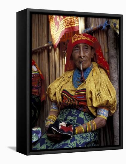 Old Woman with Pipe in Hand-Stitched Molas, Kuna Indian, San Blas Islands, Panama-Cindy Miller Hopkins-Framed Premier Image Canvas