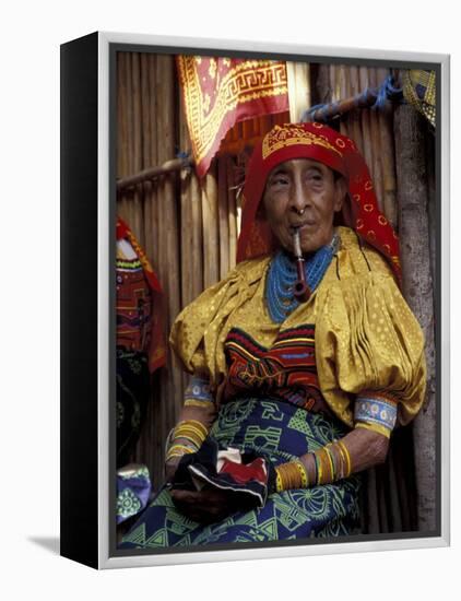 Old Woman with Pipe in Hand-Stitched Molas, Kuna Indian, San Blas Islands, Panama-Cindy Miller Hopkins-Framed Premier Image Canvas