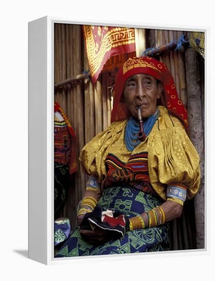 Old Woman with Pipe in Hand-Stitched Molas, Kuna Indian, San Blas Islands, Panama-Cindy Miller Hopkins-Framed Premier Image Canvas