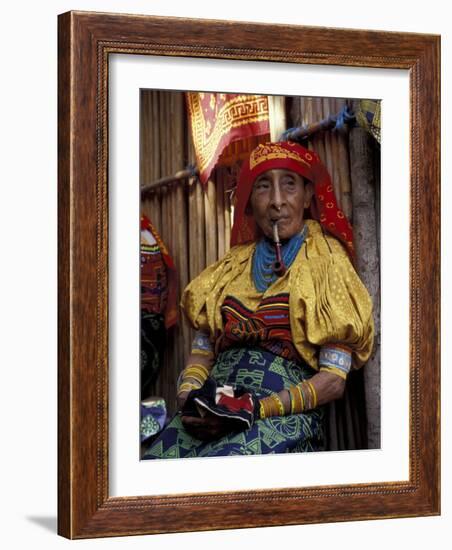 Old Woman with Pipe in Hand-Stitched Molas, Kuna Indian, San Blas Islands, Panama-Cindy Miller Hopkins-Framed Photographic Print