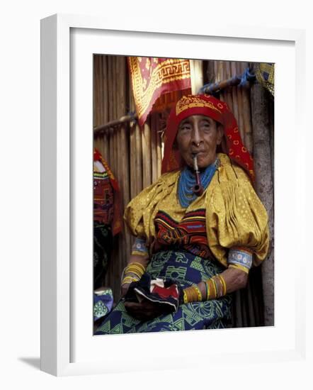 Old Woman with Pipe in Hand-Stitched Molas, Kuna Indian, San Blas Islands, Panama-Cindy Miller Hopkins-Framed Photographic Print