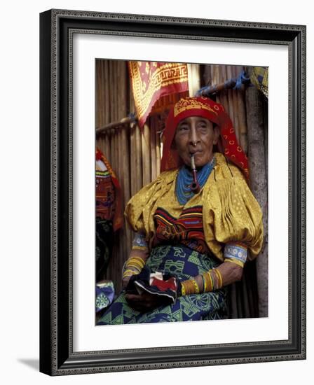 Old Woman with Pipe in Hand-Stitched Molas, Kuna Indian, San Blas Islands, Panama-Cindy Miller Hopkins-Framed Photographic Print