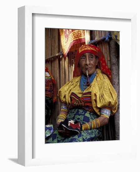 Old Woman with Pipe in Hand-Stitched Molas, Kuna Indian, San Blas Islands, Panama-Cindy Miller Hopkins-Framed Photographic Print