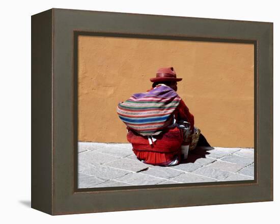 Old Woman with Sling Crouches on Sidewalk, Cusco, Peru-Jim Zuckerman-Framed Premier Image Canvas