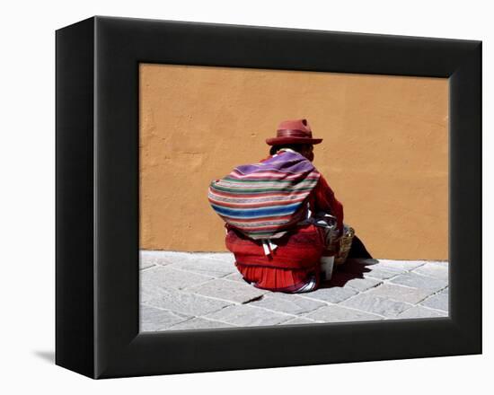 Old Woman with Sling Crouches on Sidewalk, Cusco, Peru-Jim Zuckerman-Framed Premier Image Canvas