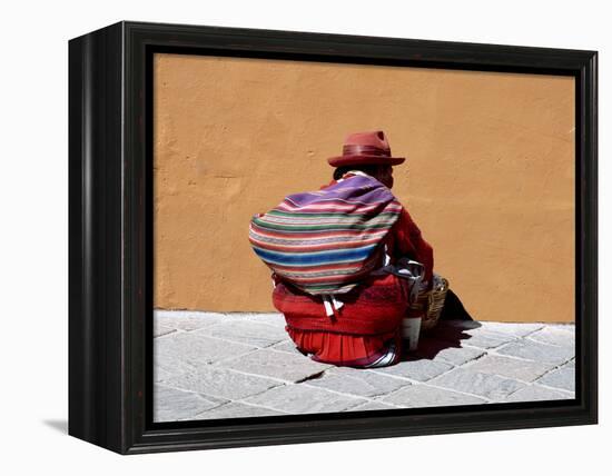 Old Woman with Sling Crouches on Sidewalk, Cusco, Peru-Jim Zuckerman-Framed Premier Image Canvas