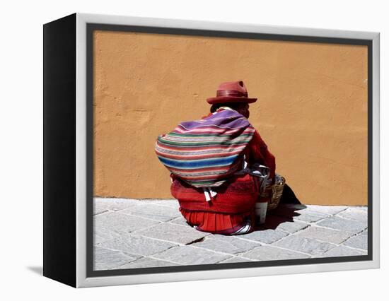 Old Woman with Sling Crouches on Sidewalk, Cusco, Peru-Jim Zuckerman-Framed Premier Image Canvas