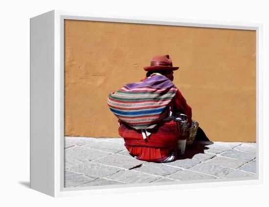 Old Woman with Sling Crouches on Sidewalk, Cusco, Peru-Jim Zuckerman-Framed Premier Image Canvas