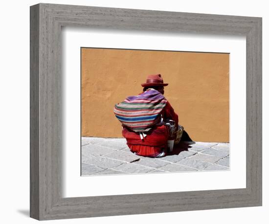 Old Woman with Sling Crouches on Sidewalk, Cusco, Peru-Jim Zuckerman-Framed Photographic Print