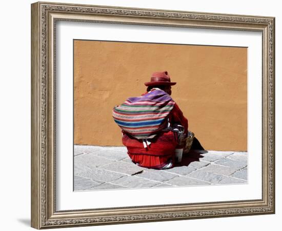 Old Woman with Sling Crouches on Sidewalk, Cusco, Peru-Jim Zuckerman-Framed Photographic Print