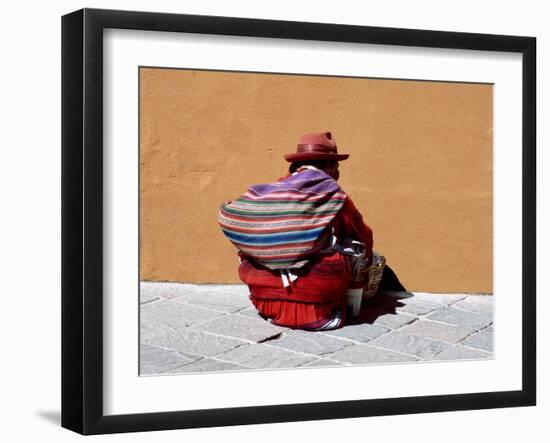 Old Woman with Sling Crouches on Sidewalk, Cusco, Peru-Jim Zuckerman-Framed Photographic Print