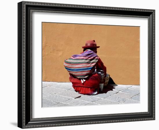 Old Woman with Sling Crouches on Sidewalk, Cusco, Peru-Jim Zuckerman-Framed Photographic Print