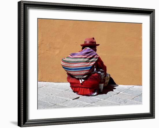 Old Woman with Sling Crouches on Sidewalk, Cusco, Peru-Jim Zuckerman-Framed Photographic Print