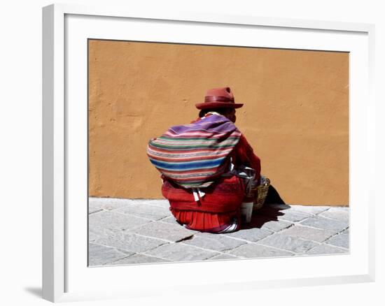 Old Woman with Sling Crouches on Sidewalk, Cusco, Peru-Jim Zuckerman-Framed Photographic Print