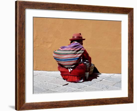 Old Woman with Sling Crouches on Sidewalk, Cusco, Peru-Jim Zuckerman-Framed Photographic Print