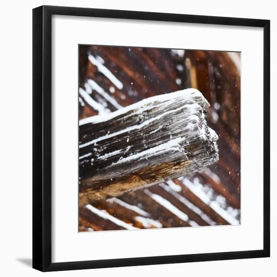 old wooden beam of hut, snowdrift, medium close-up, detail-Martin Ley-Framed Photographic Print