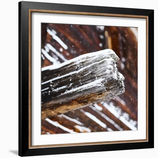 old wooden beam of hut, snowdrift, medium close-up, detail-Martin Ley-Framed Photographic Print